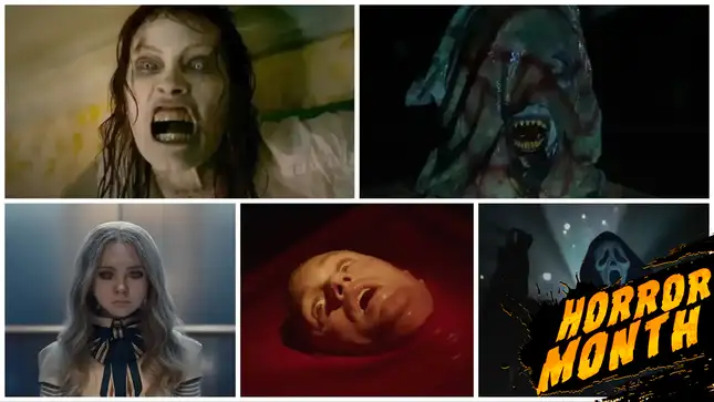 Clockwise from top left: Evil Dead Rise (Warner Bros.), Malum (Welcome Villain), Scream VI (Paramount), Infinity Pool (Neon), M3gan (Universal)