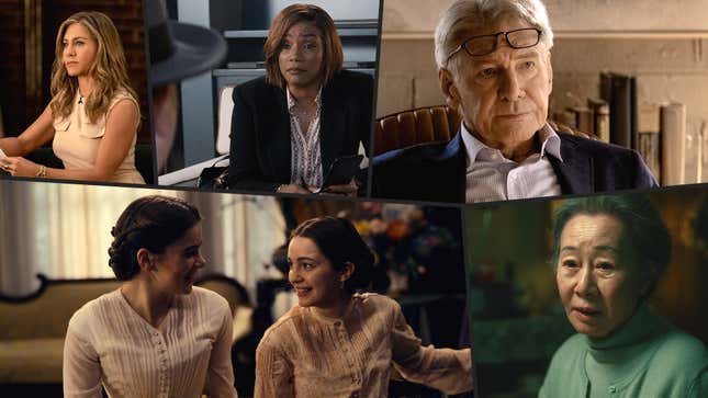 Clockwise from bottom left: Hailee Steinfeld and Ella Hunt in Dickinson, Jennifer Aniston in The Morning Show, Tiffany Haddish in The Afterparty, Harrison Ford in Shrinking, Youn Yuh-jung in Pachinko (Photos: Apple TV+)